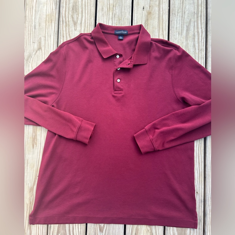 LANDS' END Rugby Shirt Men XL 46-48 Red Long Sleeve Polo Shirt
